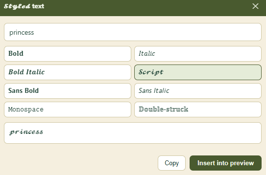 Styled text panel turning the word princess into bold, italic, script, and other fancy fonts