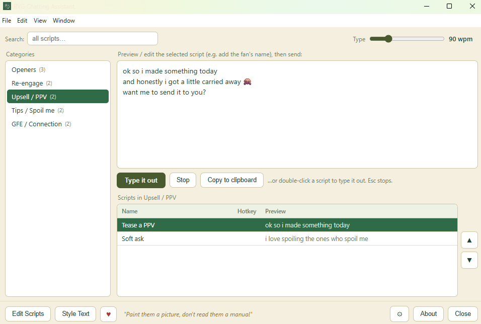 RVG Chatting Assistant main window: script categories on the left, an editable message preview, a Type it out button, and a typing-speed dial
